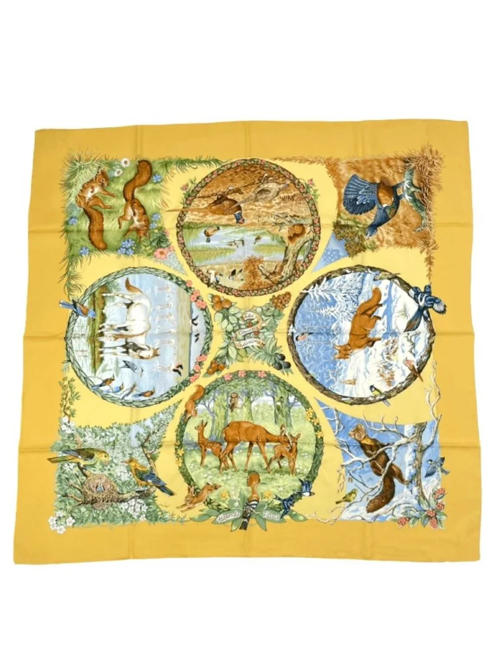 Hermes Carre 90 les Quatre Saisons Four Seasons Silk Scarf Yellow - Picture 1 of 6